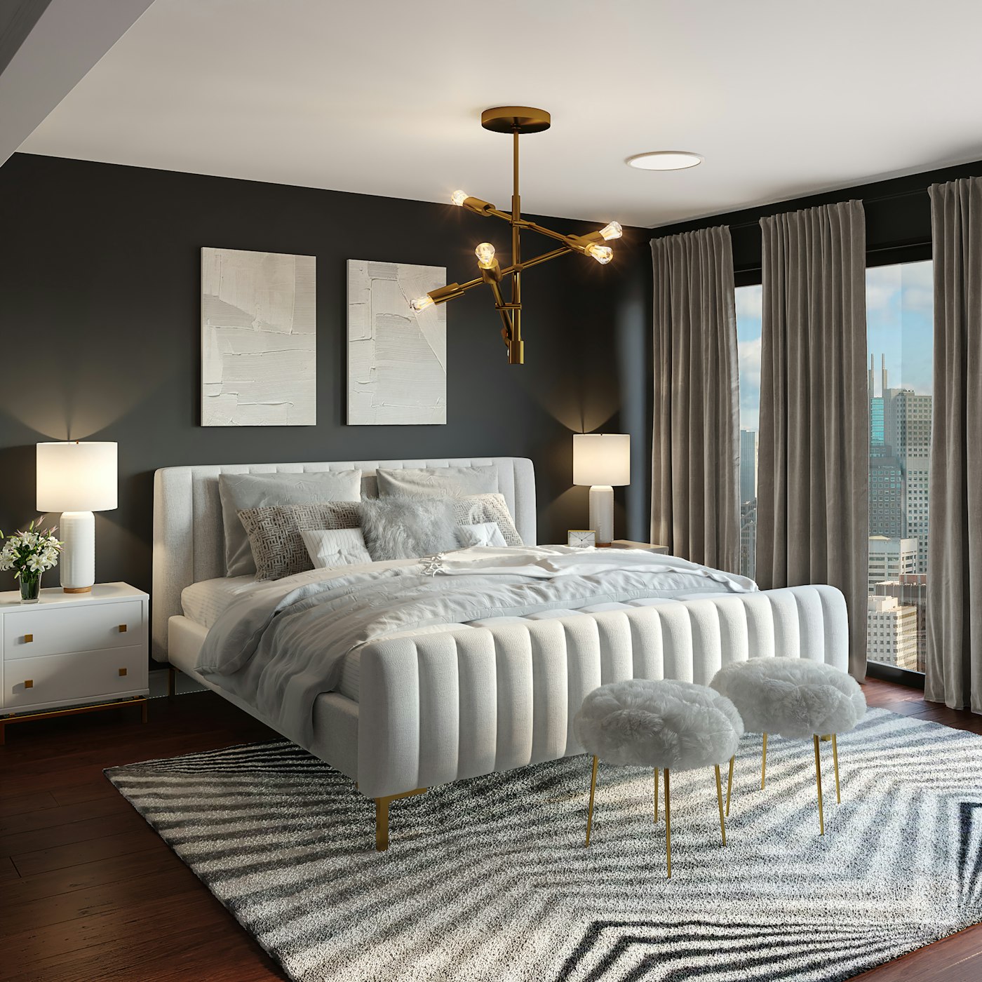 Stock inspiration: a furnished contemporary bedroom in gray and white