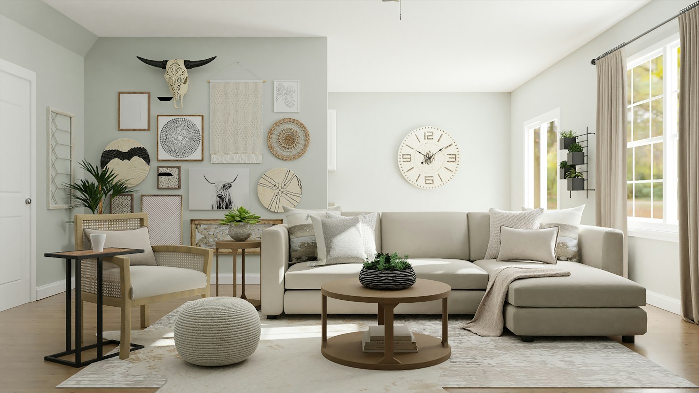Stock inspiration: soft neutral living room with sofa and wooden tables